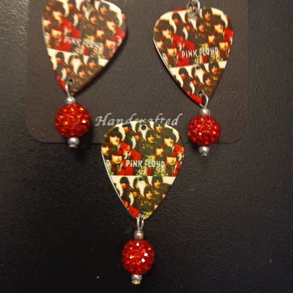 PINK FLOYD GUITAR PICK EARRINGS -NECKLACE SET